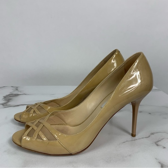 Jimmy Choo Maven Beige Tan Patent Mesh Crisscross Peep Toe Pumps 39.5 - Picture 10 of 13